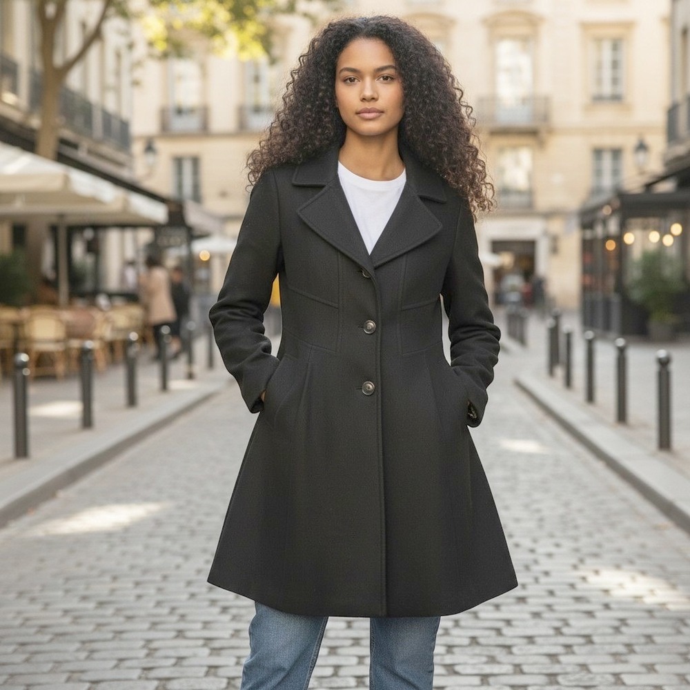 Preston & York Women Coat 14 Blk Wool Blend Button A-Line Peacoat Dark Academia